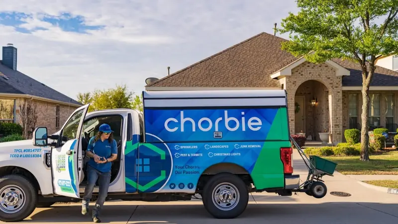 Chorbie lawn crew truck in front of a Frisco home